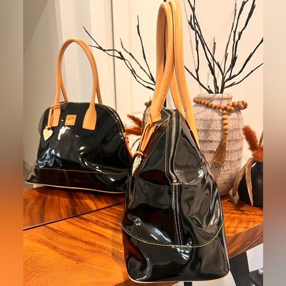 Dooney & Bourke Domed Satchel Black Patent Leather Tan Leather Trim NWOT - Picture 9 of 17